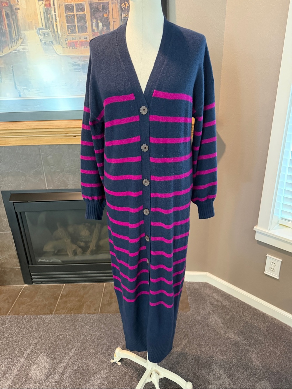 Long Loft Navy Cardigan Dress with Pink Stripes